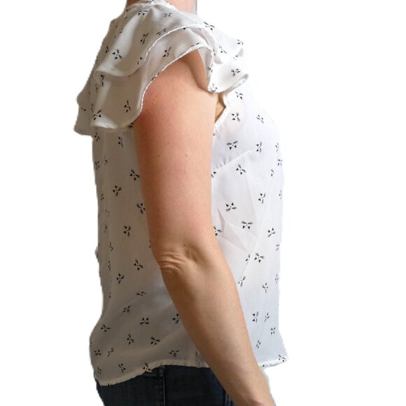White Chiffon Blouse Size S Abstract Black Cats Face Ruffled Sleeve Top British - Picture 5 of 8